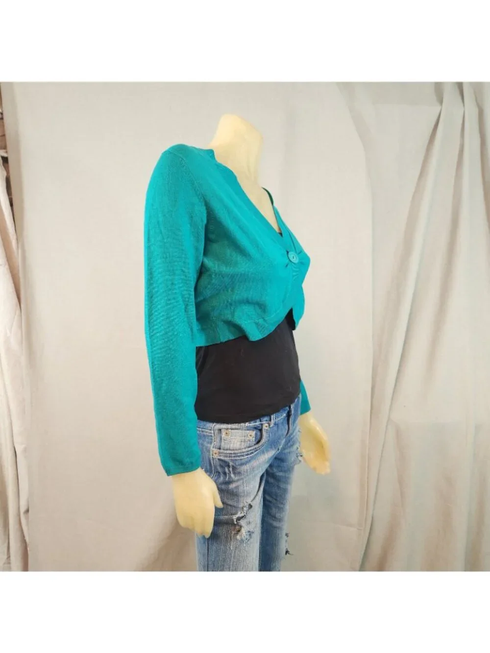 Petite Sophisticate Green SMALL Button Silk Blend Knit Shrug Sweater Womens USED - Picture 4 of 5